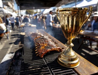 Grilling Ribs for a Cooking Competition and Golden Trophy Display with Food & Grill Event.