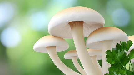 White Mushrooms Growing in Lush Green Vegetation in Nature Scene