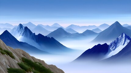 Serene Mountain Landscape with Misty Valleys and Blue Tones