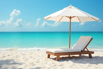 Fototapeta premium Modern white umbrella and comfy beach chair on sand, deckchair, protection
