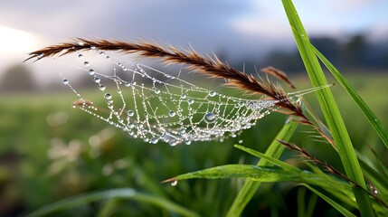 Morning Dew on Spider Web Captured in Nature's Serene Landscape
