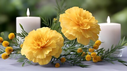 Beautiful Yellow Flowers and Candles Arrangement on Table