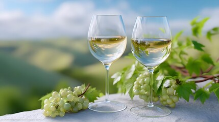 Refreshing White Wine Glasses Surrounded by Green Grapes and Nature