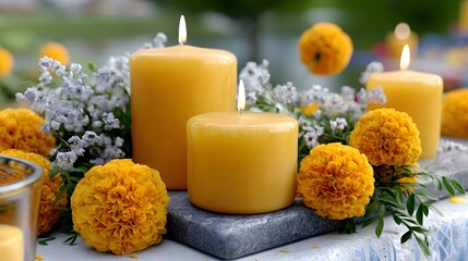 Yellow Candles with Marigolds and Flowers for Decorative Table Setup