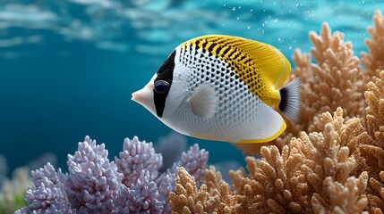 Colorful fish swimming among vibrant coral in clear ocean water