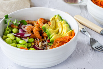 Spiced prawn, avocado and kimchi bowl - Korean inspired healthy food