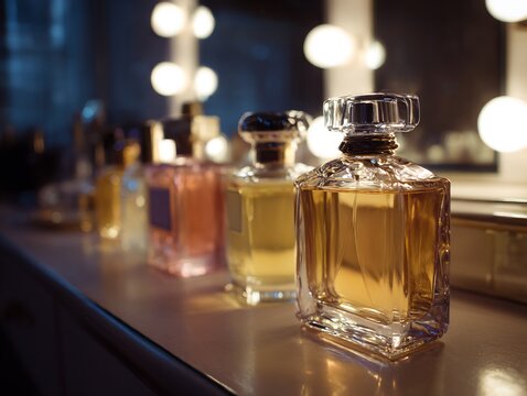 Elegant perfume bottle collection arranged on a vanity table with blurred background