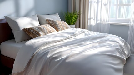 Cozy Bedroom with Soft Bedding and Natural Light Streaming In