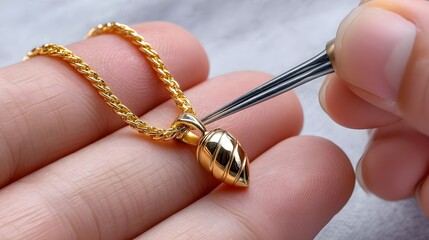 Hand Holding Gold Necklace with Pendant Focused on Jewelry Detail