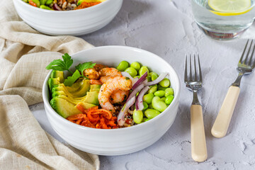 Spiced prawn, avocado and kimchi bowl - Korean inspired healthy food