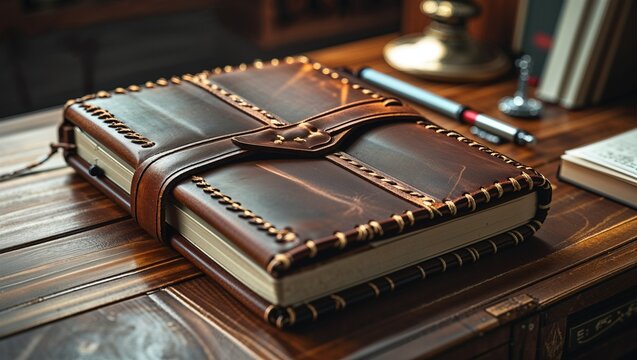 Photorealistic image of a hand-stiched leather journal resting on a clean wooden desk