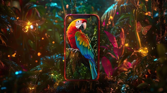 Vivid parrot image displayed on a red phone in a lush jungle scene.