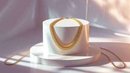 Photorealistic image of a gold necklace next to a store window