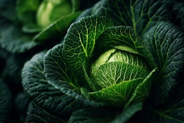 Obraz premium Close-up of fresh vibrant green cabbage heads with textured leaves, featuring a fresh vegetable garden harvest for healthy food.