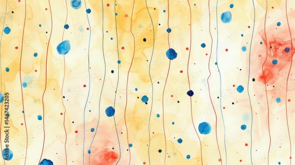 Poster abstract watercolor pattern with blue dots and red lines on a beige background. digital artwork of c
