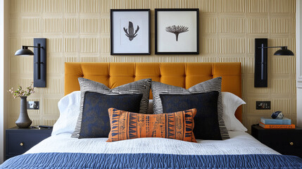 Stylish bedroom featuring statement wall with textured panels, complemented by elegant artwork and vibrant cushions. warm tones create cozy and inviting atmosphere