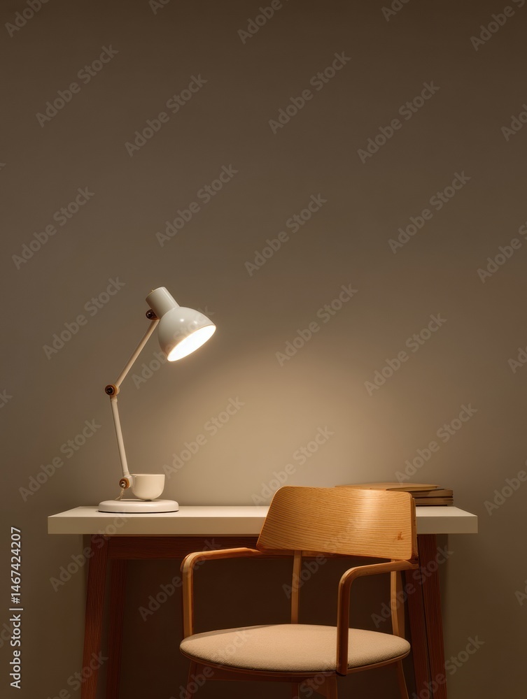 Poster elegant desk lamp illuminating a minimal table with wooden chair in a cozy indoor setting generative