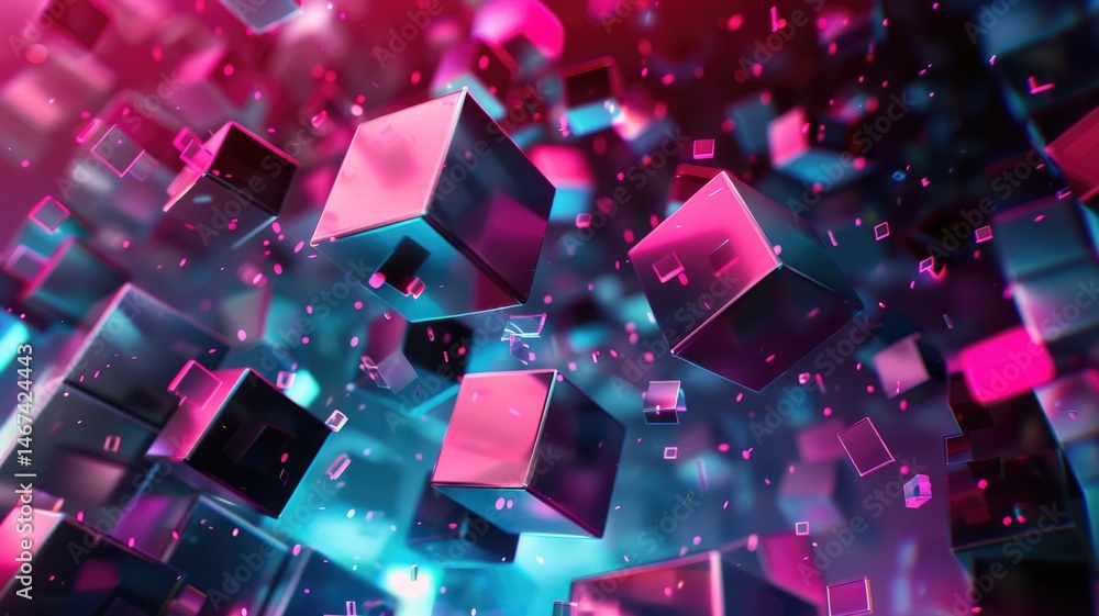 Poster abstract 3d spheres and cubes in pink and blue tones. digital art and geometric shape floating in th