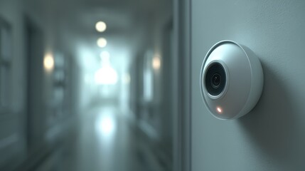 Smart Camera with Motion Sensor Installed in Dimly Lit Hallway, Capturing Active Surveillance in Modern Setting