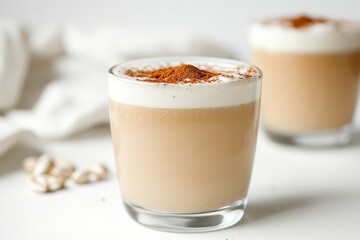 A creamy oat milk latte, topped with a dusting of cinnamon, placed in front of a white background