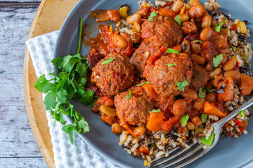Harissa, meatball and bean stew