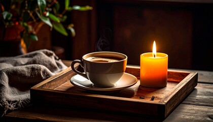 A cup of steaming hot coffee on a wooden coaster, accompanied by a burning orange candle, creates a warm and comfortable atmosphere.