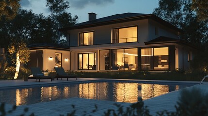 Luxury Modern Home Nighttime Poolside View