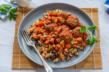 Harissa, meatball and bean stew