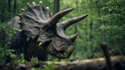 Massive triceratops stands in sunlit clearing, horns and frill of this dinosaur with textured skin. Heavily armored triceratops, ancient strength and peaceful herbivore presence in prehistoric world
