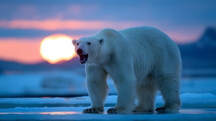 A majestic polar bear against a sunset backdrop in icy environment. The polar bear stands tall and appears to be roaring. The sky is painted with soft colors