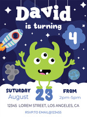 Vector illustration of monster standing in outer space with rocket and planets in the background.Creature in galaxy. Birthday party, celebration, congratulations, invitation concept . EPS 10