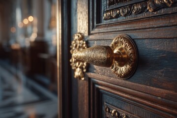 Ornate golden door handle on a vintage wooden door, adding touch of luxury, and creating a sense of entry and possibility