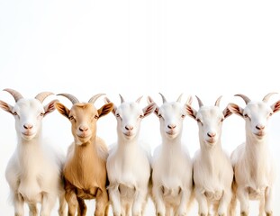 Fototapeta premium Adorable Group of Six Goats White and Tan Farm Animals pet cute eyes head view brown rural horns