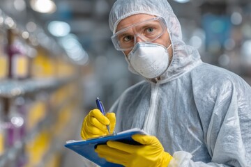 Technician in Hazmat Suit Writes on Clipboard with Pen in Industrial Setting; Protective Gear, Safety Mask, Inspection
