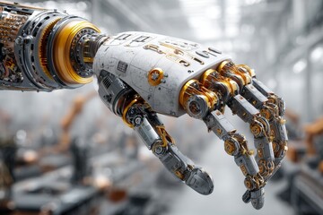Detailed Close-Up of a Robotic Hand with Intricate Mechanical Design and Golden Accents on Blurred Production Floor