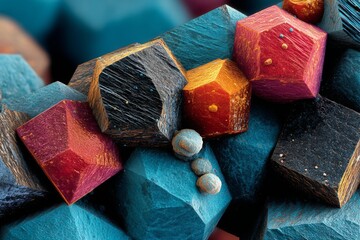 Detailed arrangement of colorful dodecahedron formations showcasing unique textures and vivid shades for geological studies