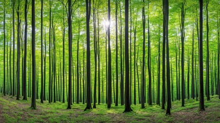 Obraz premium Sunlight Filtering Through Lush Green Forest Canopy in Spring