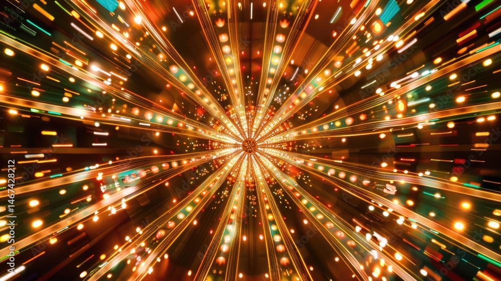 Poster dynamic explosion of golden and red lights in motion. glowing neon light with circle reflection. rad