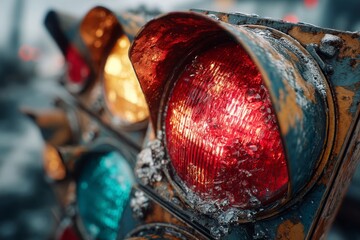 Old Traffic Signal with Red Light Illuminating and Frozen Ice Crystals on Surface, Rusty Fixture and Blurred Background