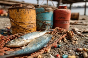 Freshly caught fish lying on weathered netting with old rusty metal cans on aged wood dock near water