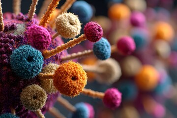 Vibrant close-up of complex textured sphere with smaller colorful globes projecting outwards, abstract, macro