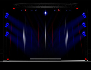Bright empty stage with blue and red lighting, truss, side stands with round lamps, black speakers on the sides, white platform. For events, concerts, awards. Vector illustration EPS10.