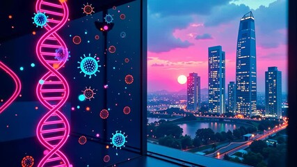 Neon DNA Helix and Virus Particles Overlooking a Vibrant Cityscape at Sunset - Powered by Adobe