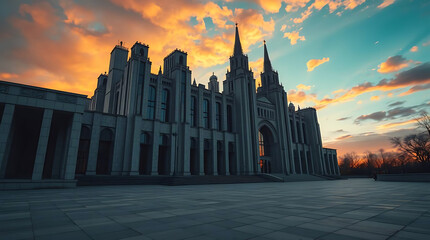 Fototapeta premium A massive brutalist cathedral built of concrete and glass, casting long shadows in the sunset, blending religious solemnity with futuristic geometry. created by generative ai