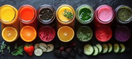 Top view of colorful fresh-pressed juice bottles in circular layout on wood surface highlighting healthy hydration and fruit variety
