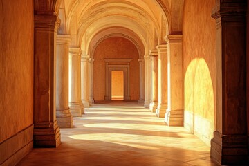 Fototapeta premium Archway with Pillars and Door in Warm Sunlight