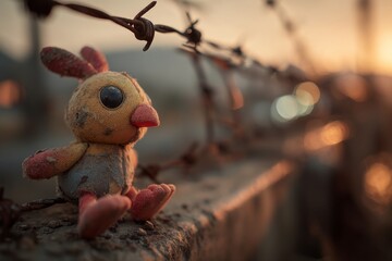 Worn bird doll sits against rusted barbed wire fence during sunset with bokeh golden hour background.