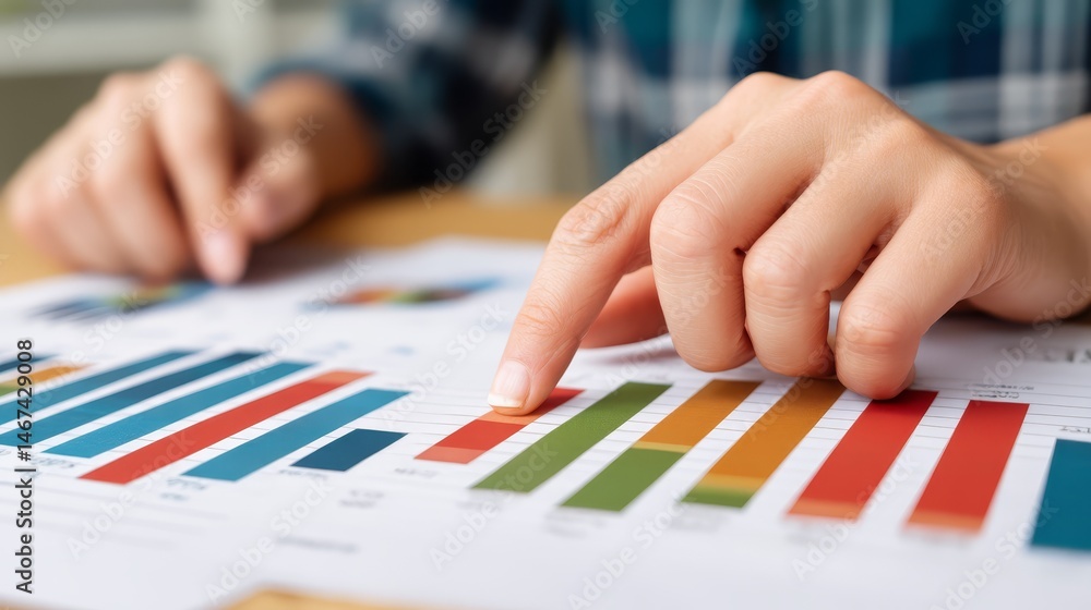 Poster business presentation, person pointing at chart on table for data analysis