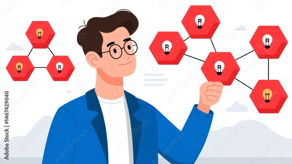 Poster man pointing at illuminated hexagon, a symbol of innovative idea and solution