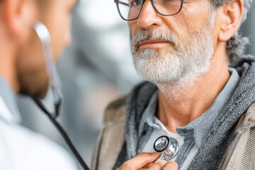 Physician Examines Senior Male Patient with Stethoscope During Medical Checkup in Hospital or Clinic Setting